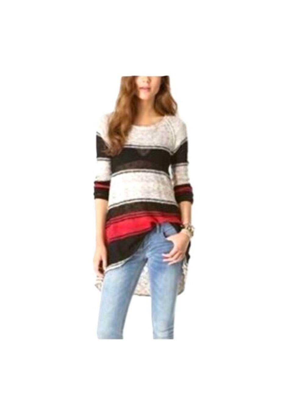 Free People So Perfectly Yours Striped Sweater Beige Size L Beach Coastal Boho